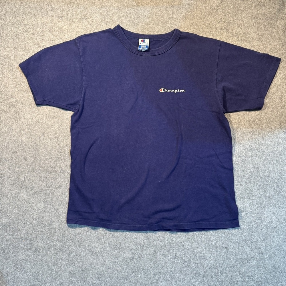 Vintage Champion T Shirt Mens Large Blue 90s Made in‎ USA Script Logo Navy Tee